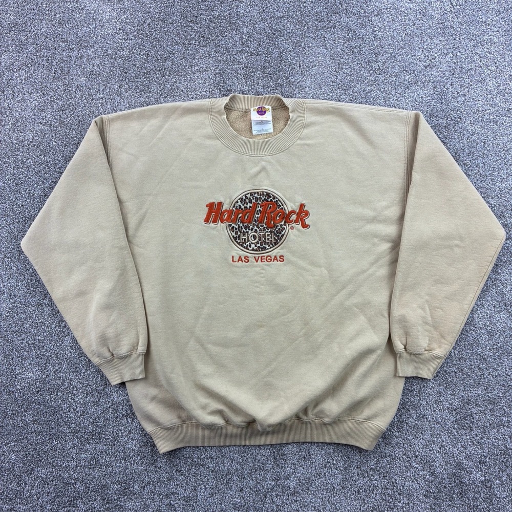 Vintage Hard Rock Hotel Sweatshirt Mens L Tan Leopard Print Las Vegas Crewneck